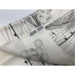 Hermès 'La Musique Des Spheres' silk scarf, designed by Zoe Pauwels in 1996, printed with a Viola Medici surrounded by musical motifs in black, on ivory white ground, with rolled hand stitched edges and Hermes material label, 87cm square