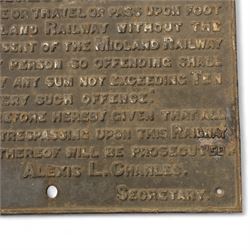 Late Victorian cast iron Midland Railway trespassing sign, dated June 1899, H51cm, W68cm