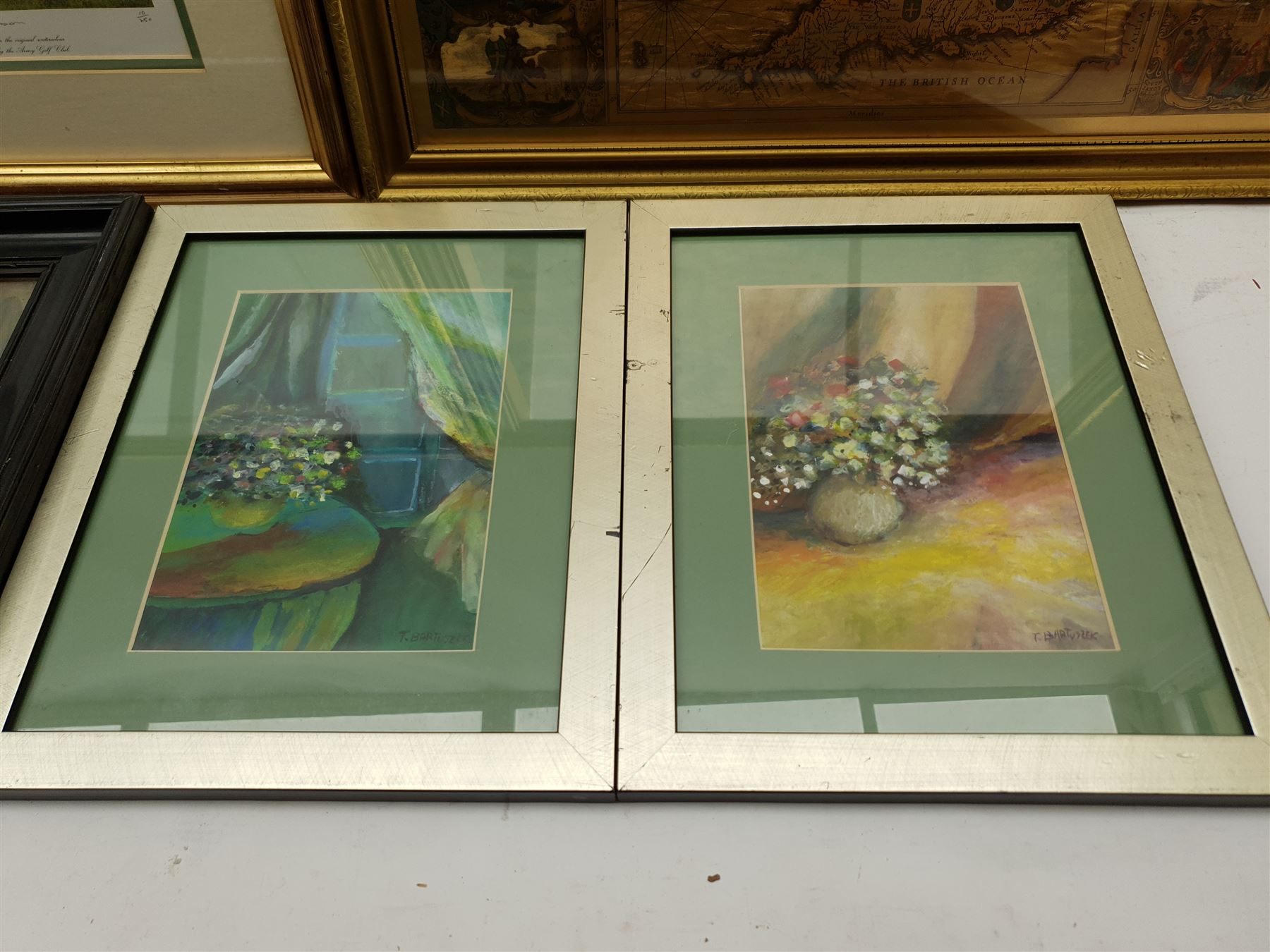 Terry Harrison (British 20th century): 'Government House - The Army Golf Course', limited edition lithograph signed and numbered 10/250 in pencil 31cm x 41cm; T Bartoseek, Still Life of Flowers, pair watercolours signed 20cm x 14cm, together with five further prints (8)