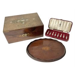 Set of eight Mappin & Webb silver plated corn picks, in fitted case, together with an oak mother of pearl and abalone shell inlaid sewing box, engraved with name and a mahogany tray with marquetry shell decoration 