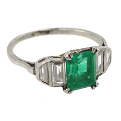  Art Deco platinum (tested) emerald cut emerald and graduating baguette cut diamond five stone ring, circa 1920's/30's  