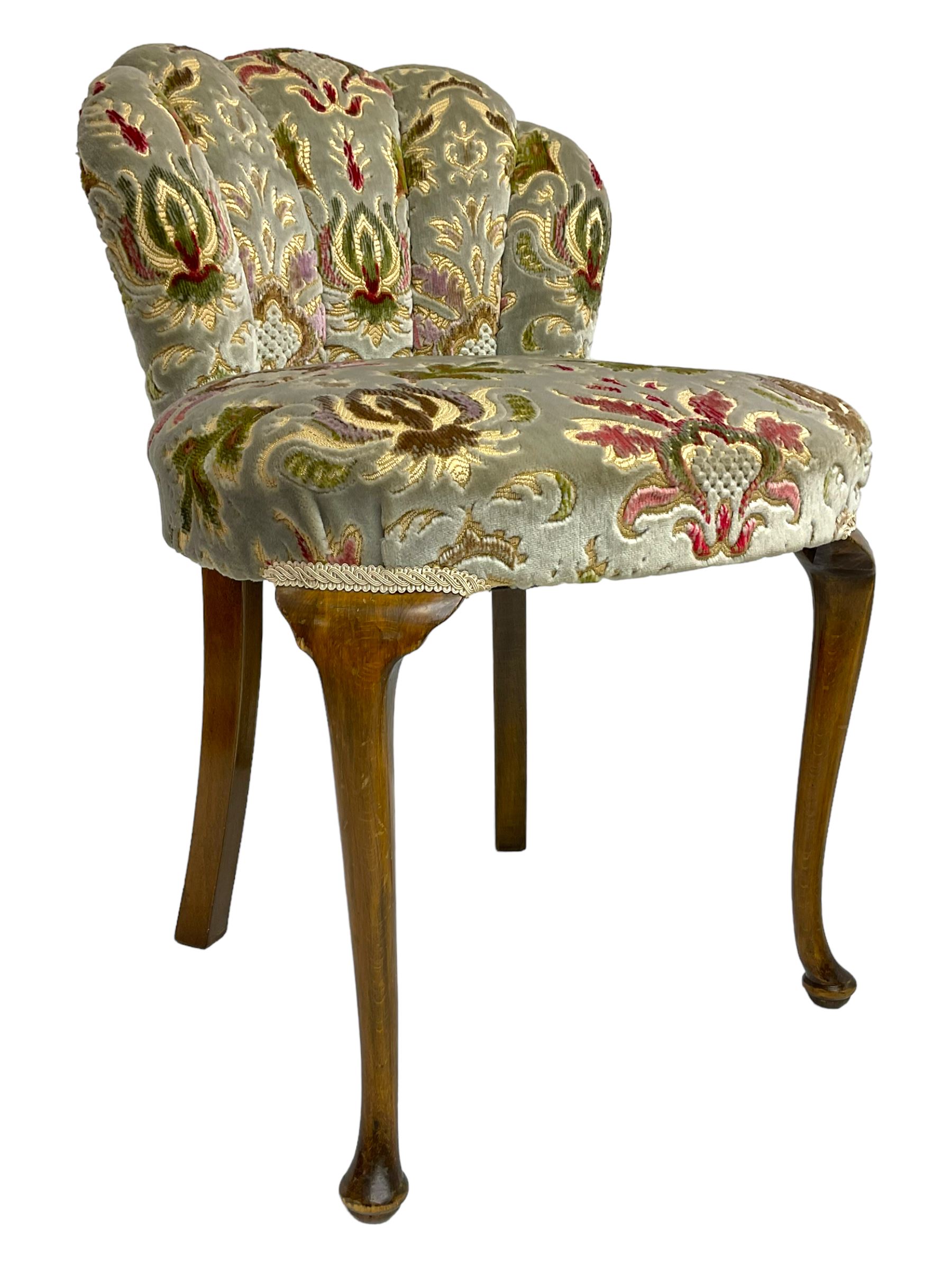 Edwardian beech dressing table chair, scallop back, upholstered in foliate patterned fabric with sprung seat, raised on cabriole supports (W50cm H73cm); and matching walnut and beech kidney shaped stool (W60 H49cm)