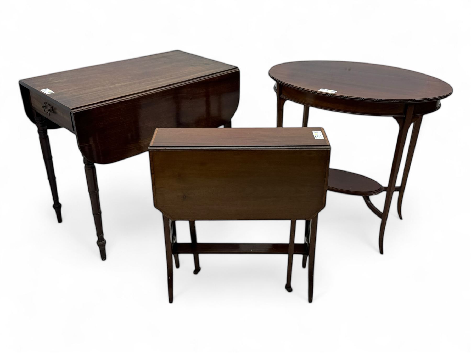 Early 20th century oval mahogany two tier occasional table (76cm x 51cm, H71cm); George III mahogany drop-leaf Pembroke table (48cm x 82cm, H71cm); Edwardian mahogany drop-leaf Sutherland table (W60cm)