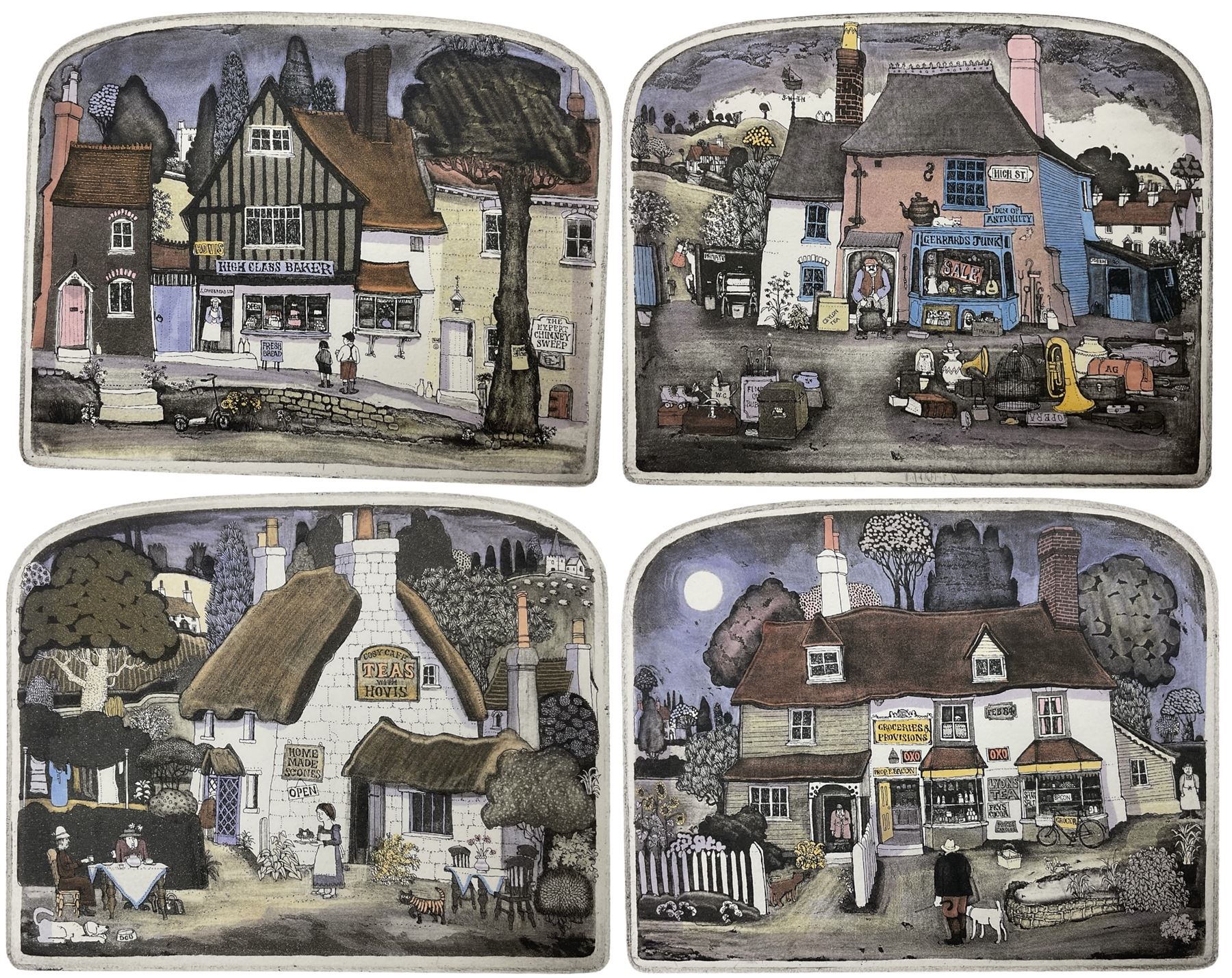 Graham Clarke (British 1941-): 'T-4-2' 'Hovis' 'OXO OXO' and 'Nice Stuff', set of four limited edition hand coloured etchings signed titled and numbered in pencil 13.5cm x 17cm (unframed) (4)