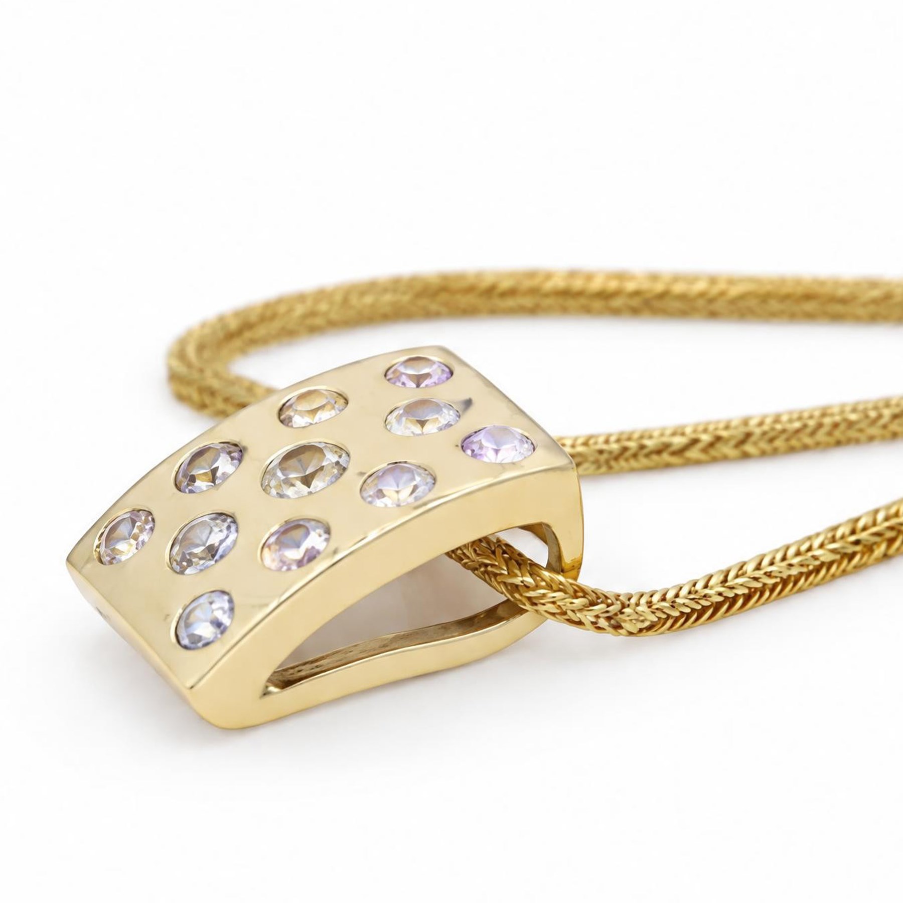 18ct gold diamond pendant necklace, eleven rose cut diamonds, rubover set in a curved rectangular pendant, on gold wheat chain necklace 