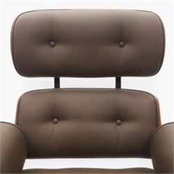 In the manner of Eames' Lounge chair, contemporary brown leather and plywood recliner and footstool, padded leather seat and arm rests, plywood backs raised on a black metal frames, reclines and swivels on a five point base  