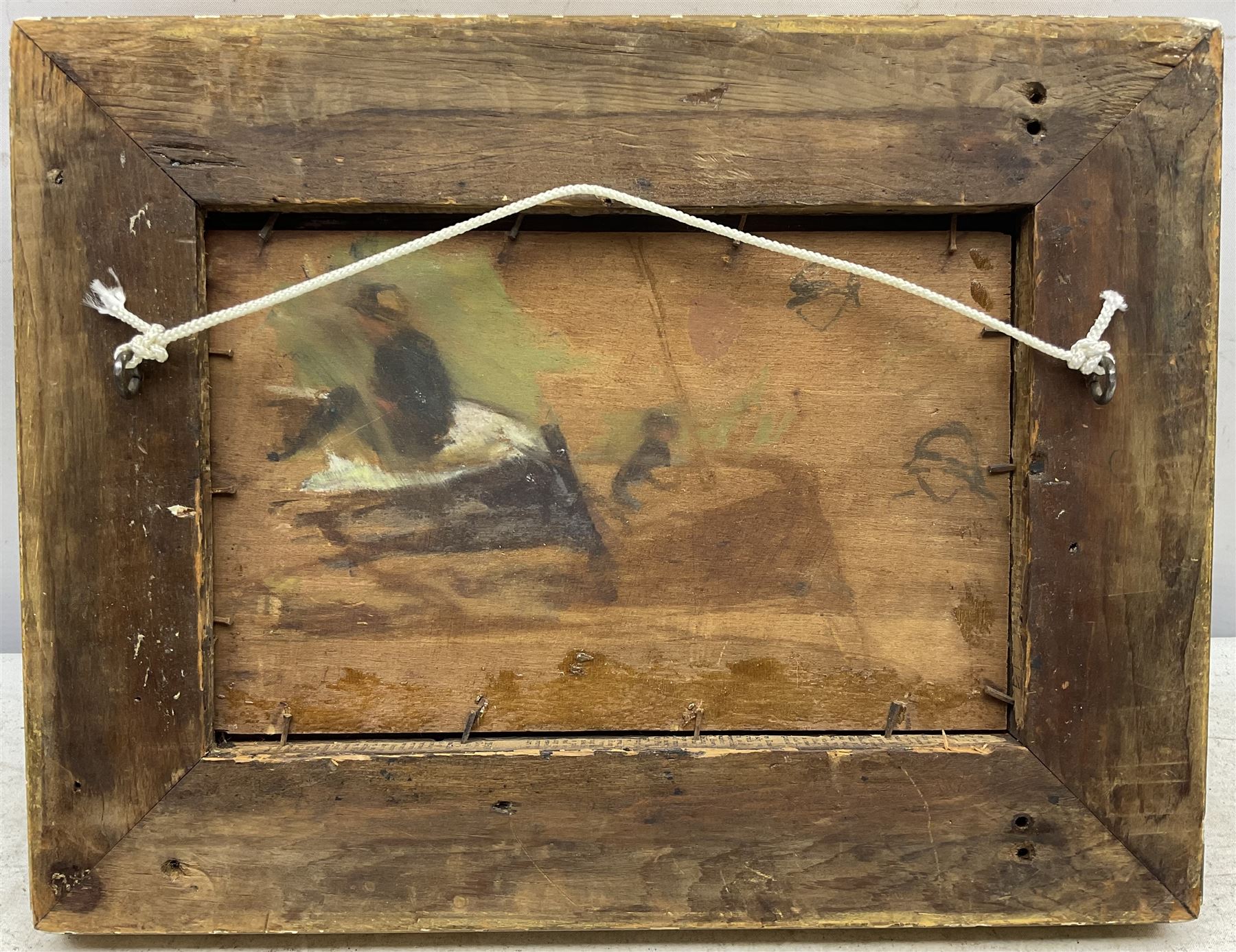 Attrib. Henry Scott Tuke RA RWS (British 1858-1929): Two Boys on the Prow of a Boat, oil sketch on panel unsigned, with further sketches verso 12cm x 19cm 
Notes: for comparable sketches on panels of a similar size, see works in The Tuke Collection, Royal Cornwall Polytechnic Society. Tuke often painted on both sides, leaving areas of panel exposed.