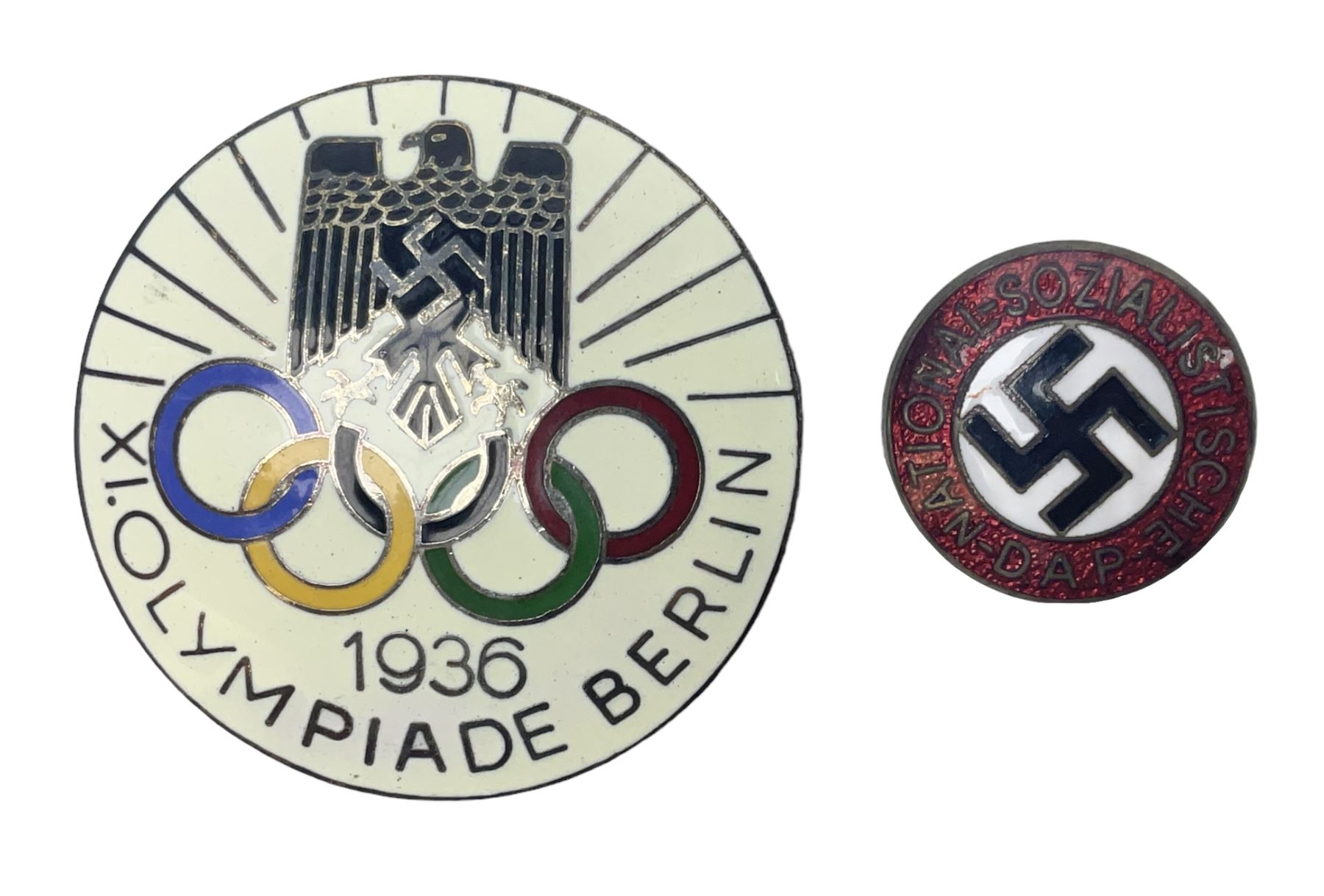 WW2 German NSDAP Party members enamel pin badge by RZM numbered M1/90; and 1936 XI Olympiade Berlin enamel badge by H. Osang, Dresden (2)