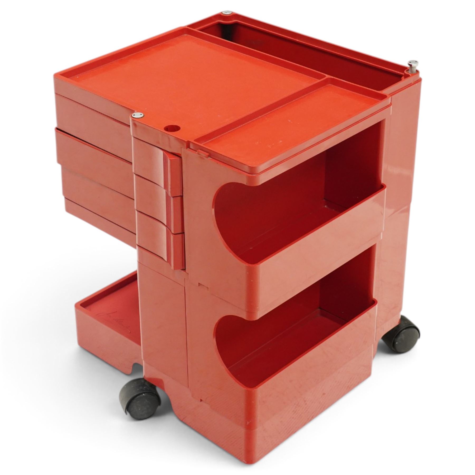 Joe Colombo (Italian 1930-1971) for Bieffeplast - 'Boby' red trolley circa 1970s, rectangular tray top above three pivoting drawers, open storage compartments raised on castors