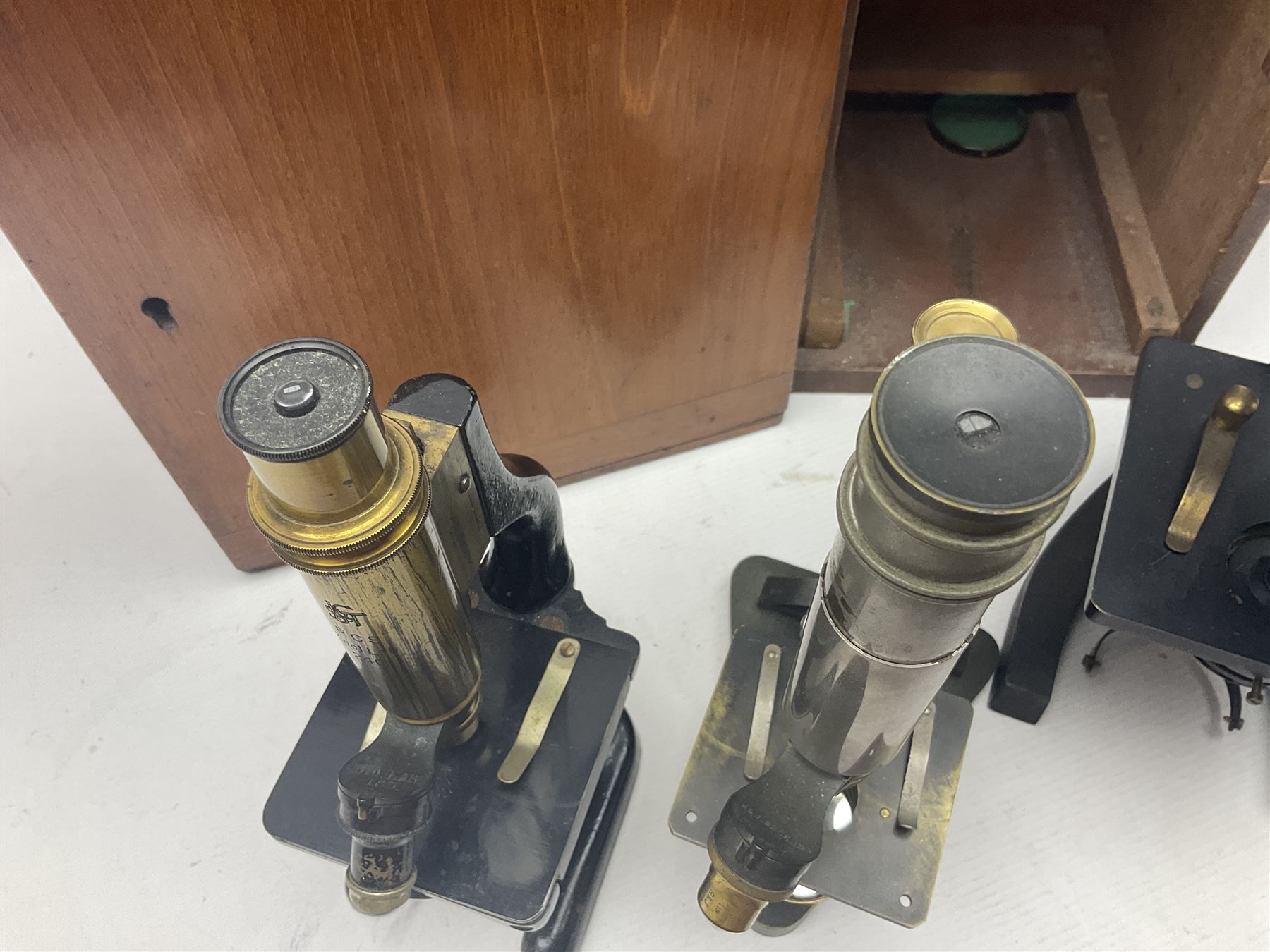 Four microscopes, comprising Nomo Biolam, RCS Zoo Lab 240, R Beck no 13756 and one other