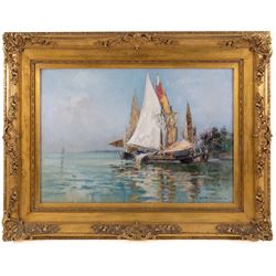 Walter Francis Brown (American 1853-1929): Mediterranean Shipping, oil on canvas signed 35cm x 50cm