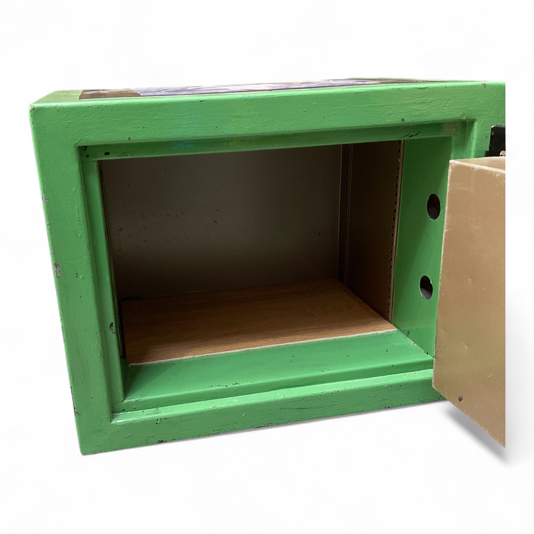 Green painted steel valuables safe, with key
