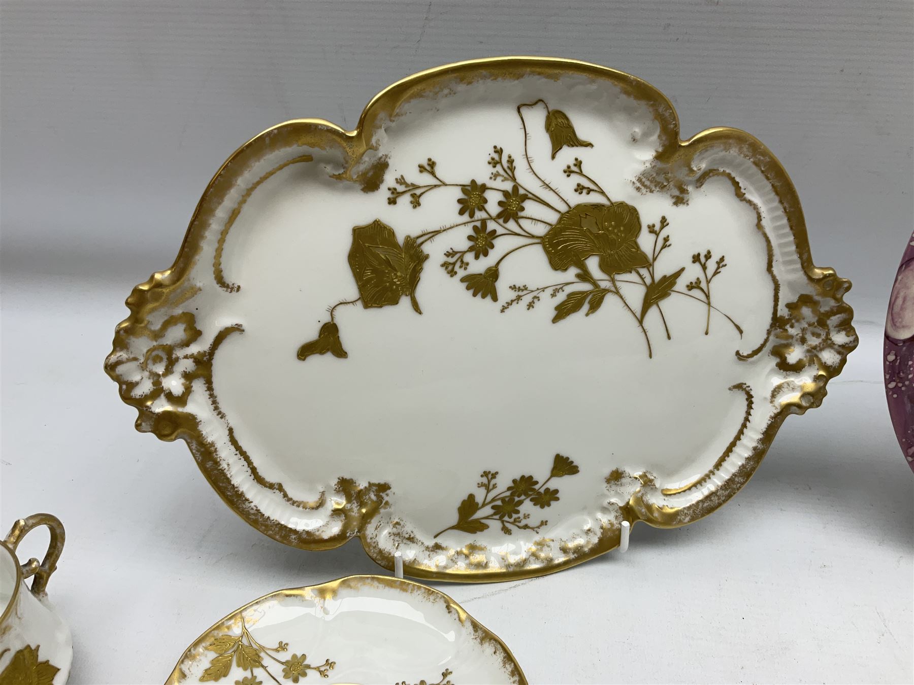 Collection of Victorian and later ceramics to include Gray's Pottery Sunderland lustre York Minister plate, Limoges M. Bishop tea service for one, ornately decorated with gilt foliate sprays on plain white ground, no 2350, Wedgwood no y2715 blue and white sucrier and jug, Chinese blue and white dish with gilt banding,