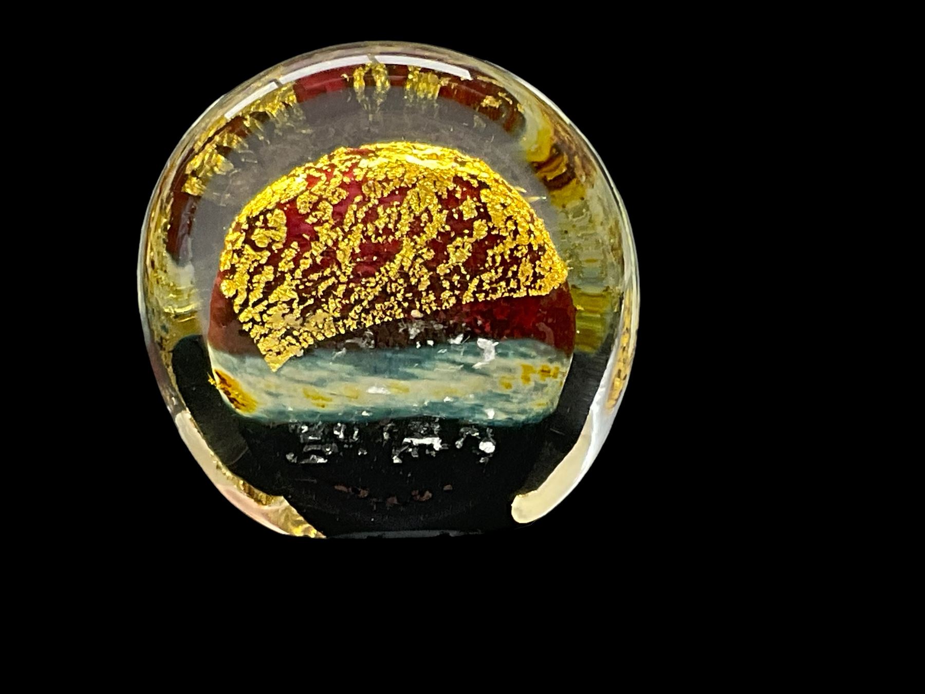 Murano glass cat and figure ina hat, together with tow valletta glass paperweights and bird glass paperweight, cat H20cm 