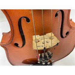 Four student violins - two Chinese three-quarter size with 33.5cm and 34cm two-piece backs; Stringers of Edinburgh quarter size with 28cm two-piece back; and Stentor quarter size with 28cm two-piece back; each in carrying case (4)