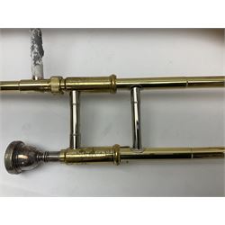 Sebastian Bucklet Aquae Sulis copper and brass trombone No.0910004; in lightweight carrying case; and Kinsman folding tubular chrome music stand in case (2)