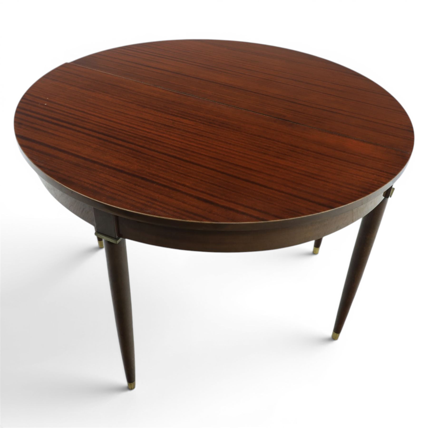 Regency design mahogany demi-lune console dining table, fold-over top extending to circular table, raised on round tapering legs
