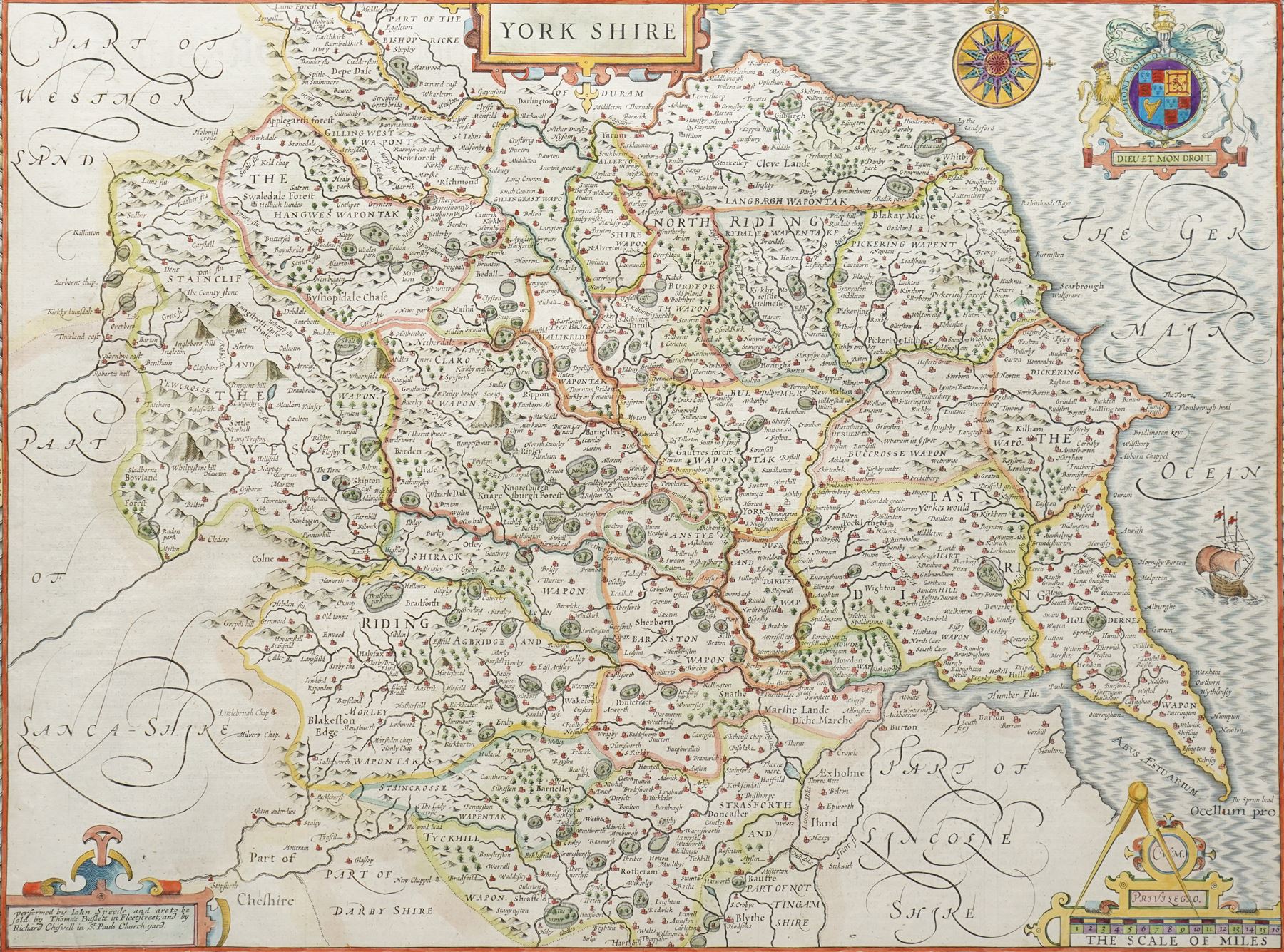 John Speed (British 1552-1629): 'Yorkshire', 17th century engraved map with hand-colouring, English text verso, pub. by Thomas Bassett and Richard Chiswell c.1676, 39cm x 52cm