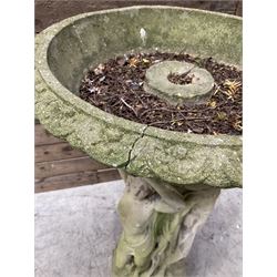 Cast stone bird bath, pedestal in the form of 'The Three Graces'