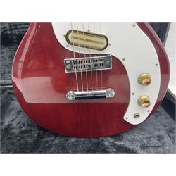 Gibson Marauder style six-string electric guitar with cherry coloured body, marked made in Japan L101cm; in locking hard carry case