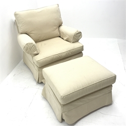 Multi-York armchair, upholstered in a beige ground patterned fabric (W90cm) and matching footstool