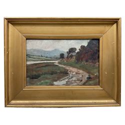Attrib. Tom Campbell (Scottish 1865-1943): 'Ravenglass' Scenes, set three oils on panel, each signed with monogram titled and dated '05 '06 and '07 verso, two with preparatory ink sketches verso, 17cm x 29cm (3)