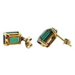 Pair of 14ct gold emerald cut green tourmaline and single stone diamond stud earrings