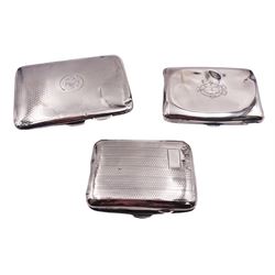 Three early 20th century silver cigarette cases, two examples with engine turned decoration, the third of plain form with personal engraving, all hallmarked Birmingham, dates 1913, 1916 and 1926, makers marks with varying degrees of wear, one example indistinct, approximate total weight 6.03 ozt (187.6 grams)
