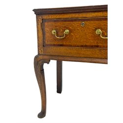 George III oak dresser, moulded rectangular top with mahogany banding, fitted with three drawers with banded fronts, on cabriole supports 