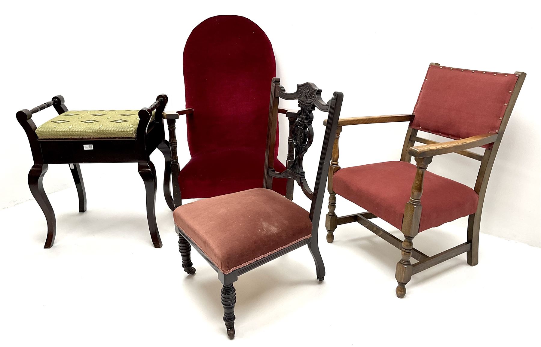 Edwardian mahogany nursing chair, carved and pierced back, upholstered seat, turned supports (W46cm) a low armchair upholstered in a red fabric (W67cm) a piano stool and another armchair (4)