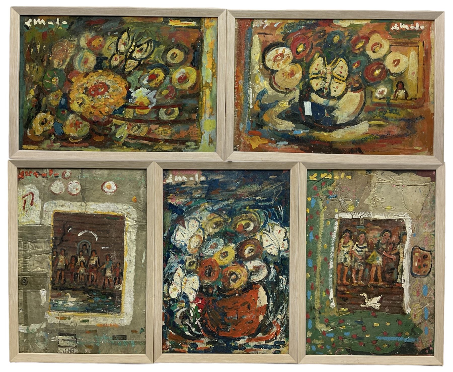 Leucio Mele (Italian 20th century): Abstracts with Figures and Flowers, set five mixed media on boards signed 45cm x 30cm (5)