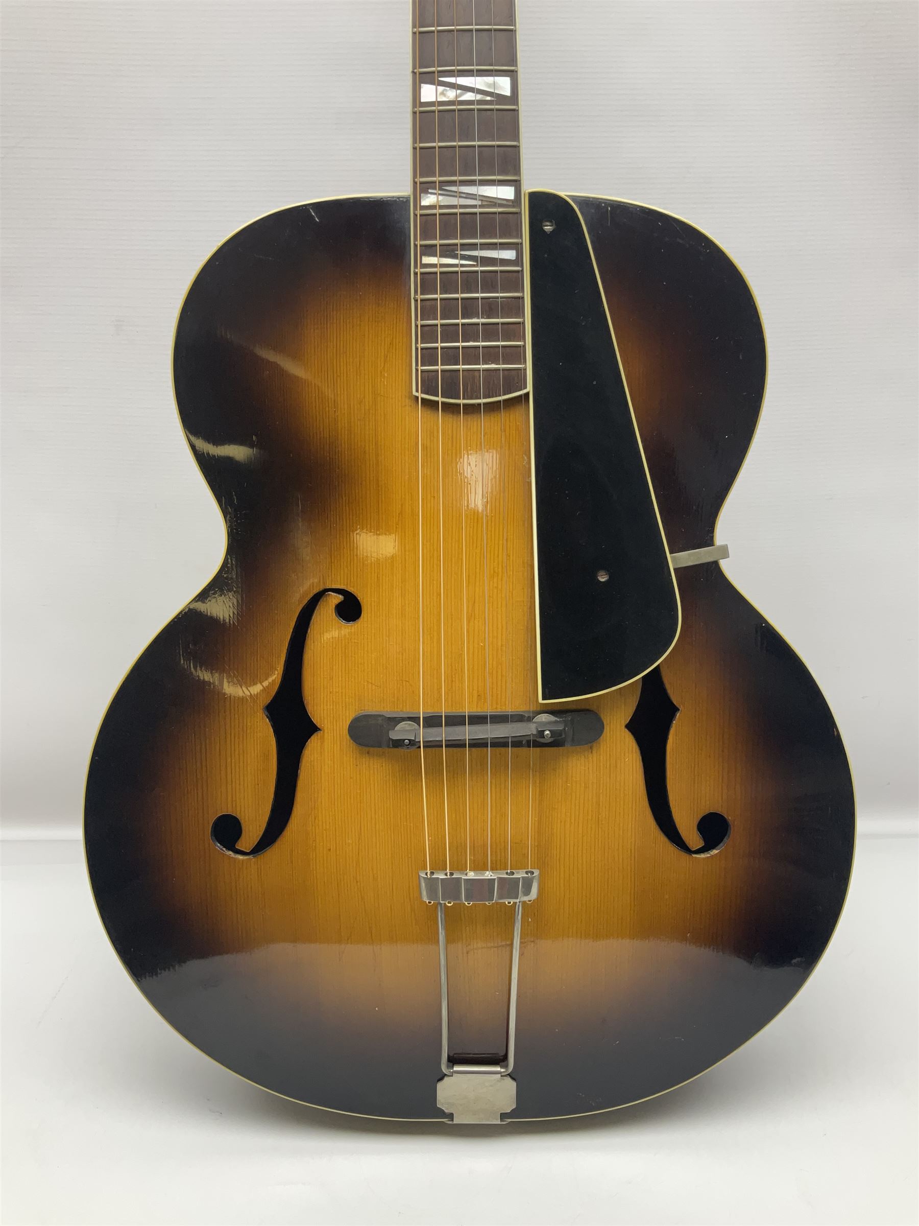 Clifford Essex Paragon De Luxe handmade acoustic guitar c1936 with tobacco sunburst finish and original machines; serial no.501 with original guarantee card L108.5cm; in original case