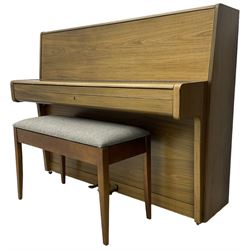 Welmar - English walnut cased upright piano, overstrung frame with a Langer underdamper action; serial No 107859 (1990) with practise, sostenuto and una corda pedals, 88 note seven octave keyboard, with matching duet stool.