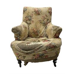Victorian mahogany framed upholstered armchair, Edwardian armchair and a 1930s fan back armchair (3)