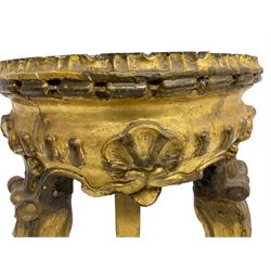 19th century French giltwood and gesso lamp table, circular inset marble top with foliate carved rim, tripod base with shell and acanthus carved supports terminating in scroll feet
