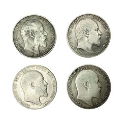 Four King Edward VII standing Britannia silver one florin coins, dated two 1902, 1907 and one with illegible date