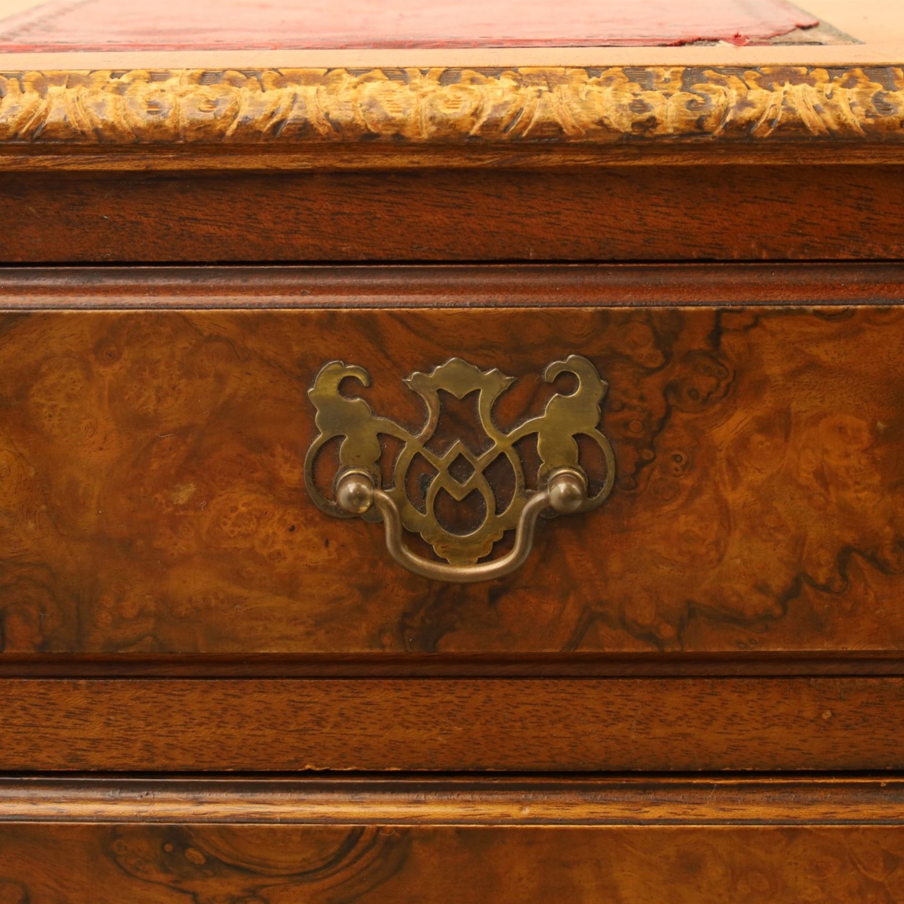 Early 20th century Queen Anne design figure walnut desk, triple inset leather writing surface, fitted with five drawers