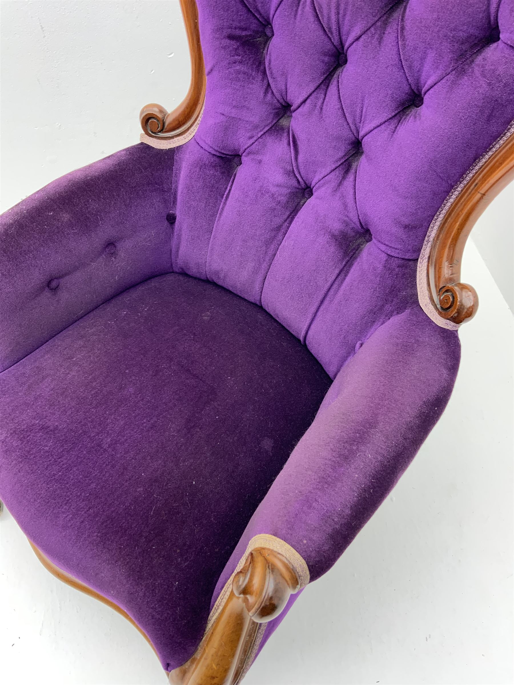 Victorian walnut framed upholstered armchair, blue velvet cover