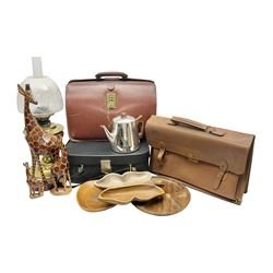 Brass oil lamp, with etched floral glass shade, leather Gladstone style doctors bag, leather satchel and vintage vanity case, three graduating wooden giraffes and other wood and metal ware, lamp H54cm