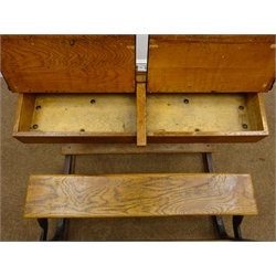  Late 20th century child's school desk, double hinged lids, folding bench seat, metal supports, W92cm, H59cm, D66cm  