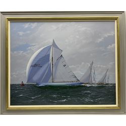 James Miller (British 1962-): Big Class Yachts - 'Moonbeam III leading Marquita & Moonbeam IV', oil on canvas signed, titled verso 78cm x 99cm