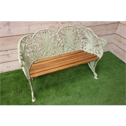  Coalbrookdale style cast metal wheat sheaf bench, hardwood slatted seat, green painted finish, W118cm  