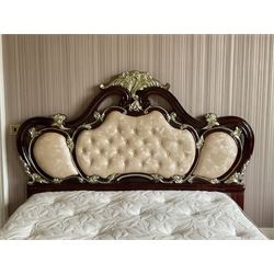 Rococo style 6' Super Kingsize bed, ornate shaped and floral design in wood finish, upholstered buttoned headboard, decorated with scrolled foliate and flower heads, together with mattress