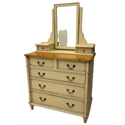 Laura Ashley pine and cream finish vanity chest, fitted with two short and three long drawers, swing mirror back
