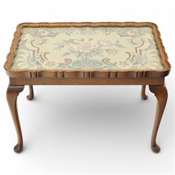 Georgian style occasional table with glazed needlework top, with pie crust edge, raised on cabriole supports