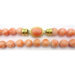  Coral bead necklace and pair of 18ct gold coral clip on ear-rings stamped 750  