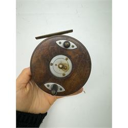 D. Slater, Newark, wood, alloy and brass star-back centre pin reel,  together with three other wooden/alloy reels including Edge Elite, Milbro Pelican and one other 