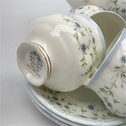 Royal Albert Caroline pattern tea and dinner wares, comprising teapot, six teacups and six saucers, six coffee cups and six saucers, six dinner plates, six dessert plates, six side plates, six twin handled soup bowls and six saucers, serving or sandwich platter, two tureen and covers, and a saucer boat and stand. 