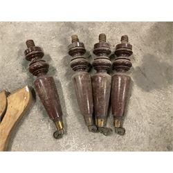 Set of four turned mahogany supports with brass cups and castors (H51cm); collection of splayed supports and turned supports; pine table and and two supports; and fifteen turned pine staircase spindles (H84cm) - THIS LOT IS TO BE COLLECTED BY APPOINTMENT FROM THE OLD BUFFER DEPOT, MELBOURNE PLACE, SOWERBY, THIRSK, YO7 1QY