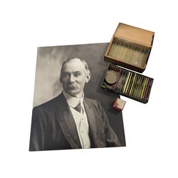 Victorian collector's specimen cabinet, containing a number of prepared microscope slides including miniature photographs, animal and human pathological, physiological and histological specimens and botanical specimens, mostly annotated in ink, the cabinet with glazed door, the drawers with bone handles and lined with green felt, owned by Dr Arthur Bristow, together with a picture of the doctor, cabinet H43cm